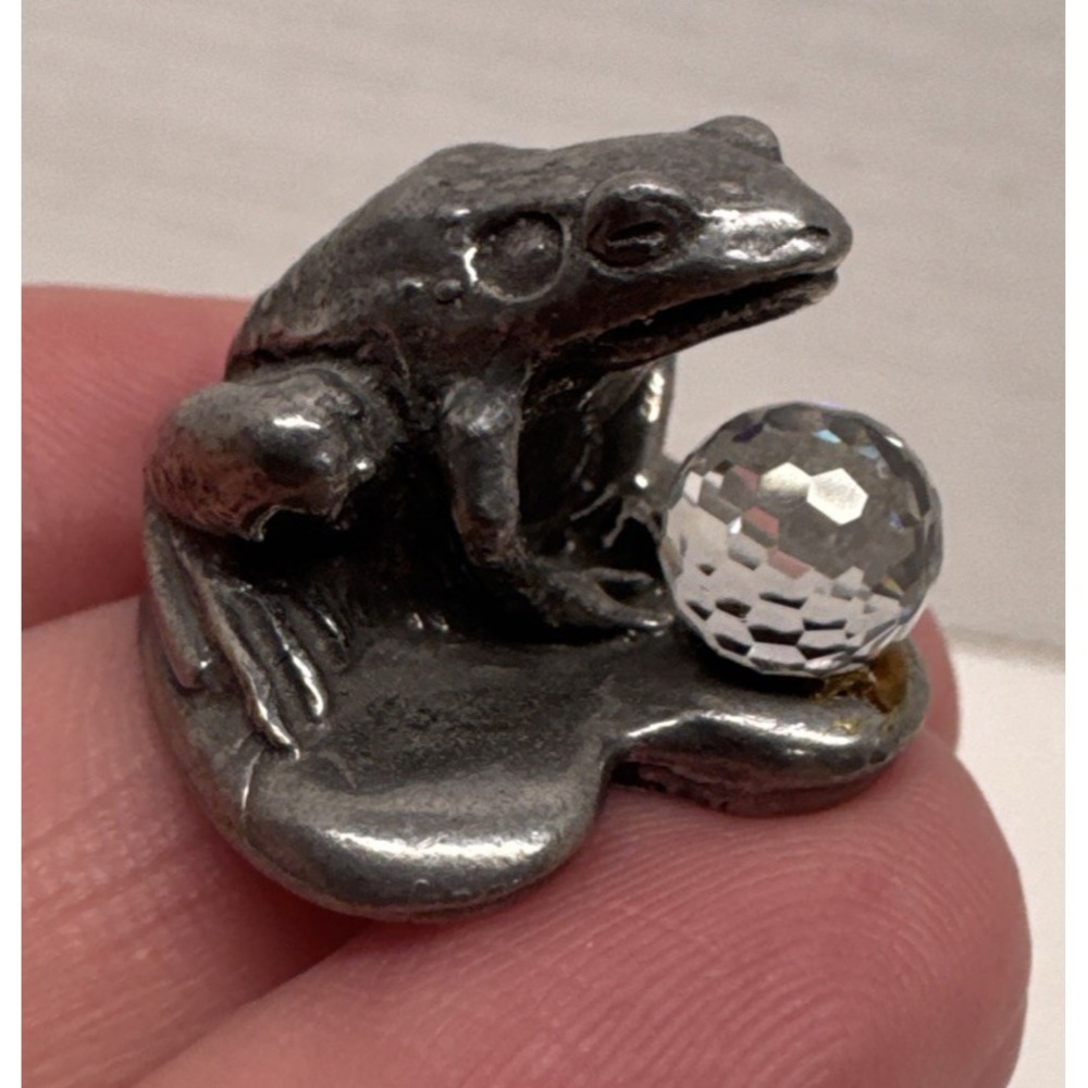 Vintage Pewter Frog Figurine Small Size 1 inch with faceted clear ball